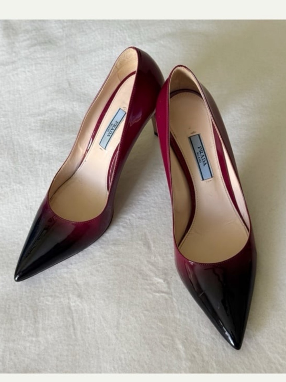 Prada Ombre Patent Pointed-Toe Pumps - Burgundy to Black Size 7
